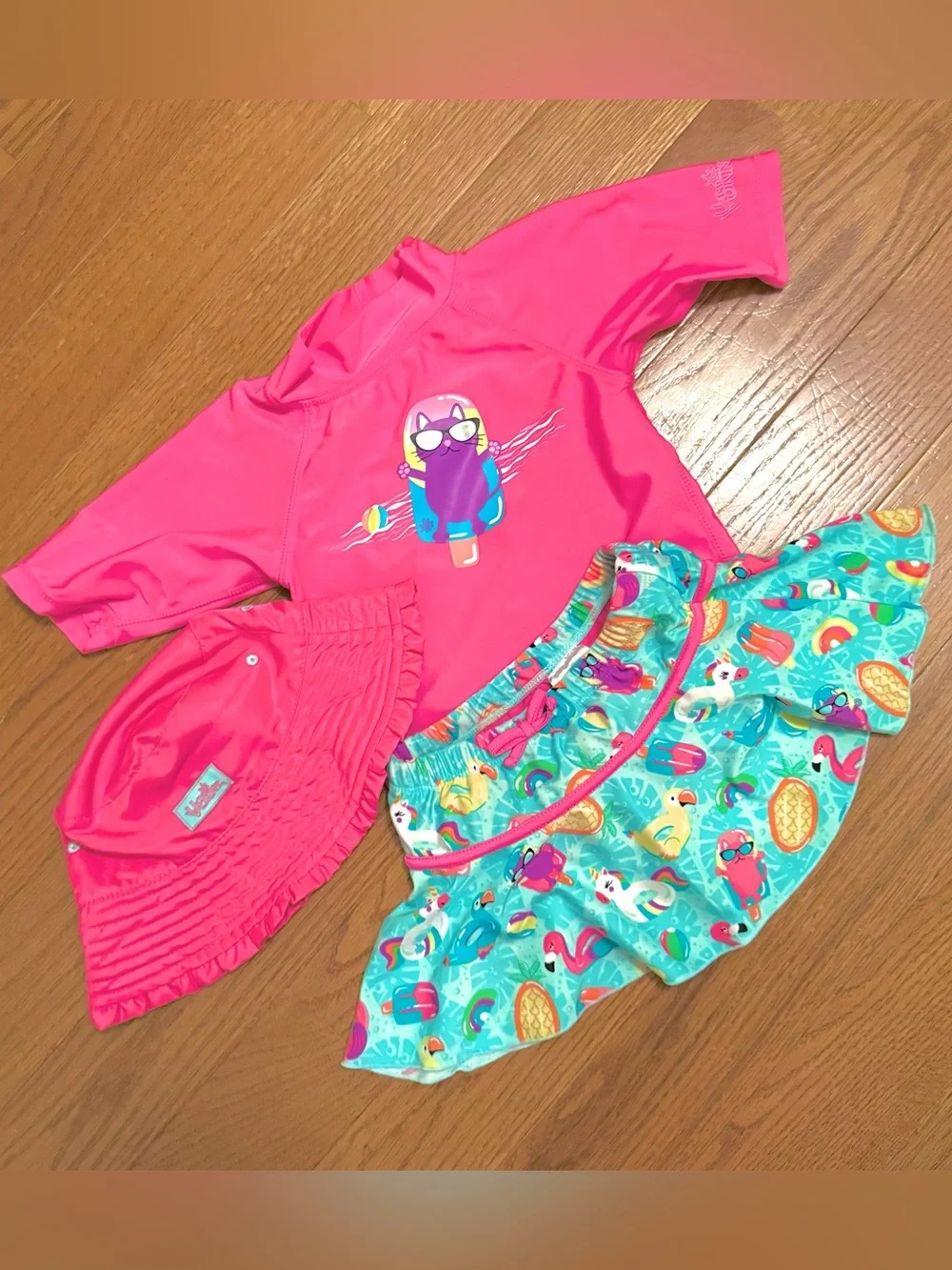 Girls' Pink Rash Guard Swim Set with Tropical Skirt and Hat